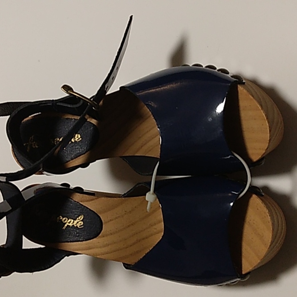 Navy Patent Leather Wood-Platform Clog Sandals with Ankle Strap - Picture 3 of 4